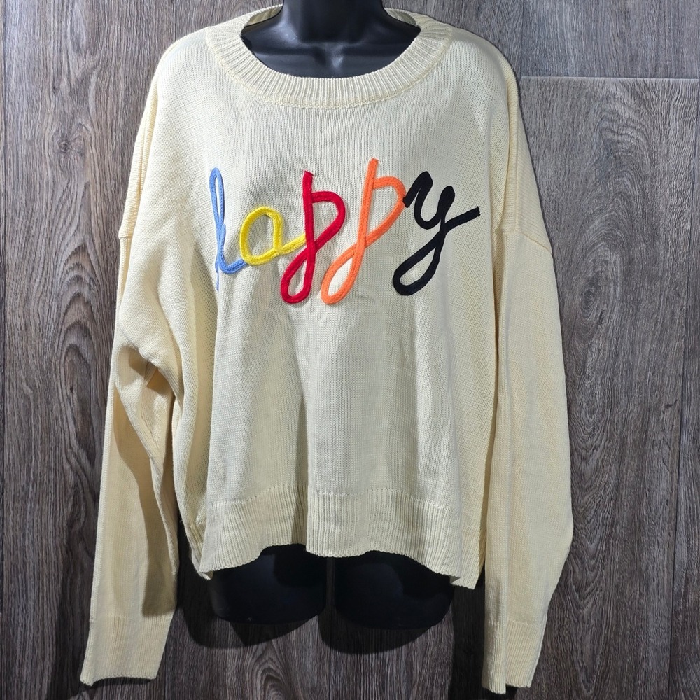Shein Curve Women's‎ 3XL Cream Happy Graphic Crew Neck Pullover Sweater